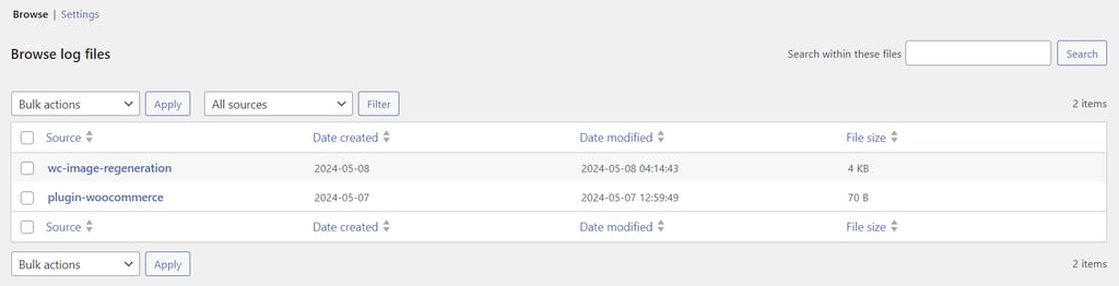 WooCommerce logs section