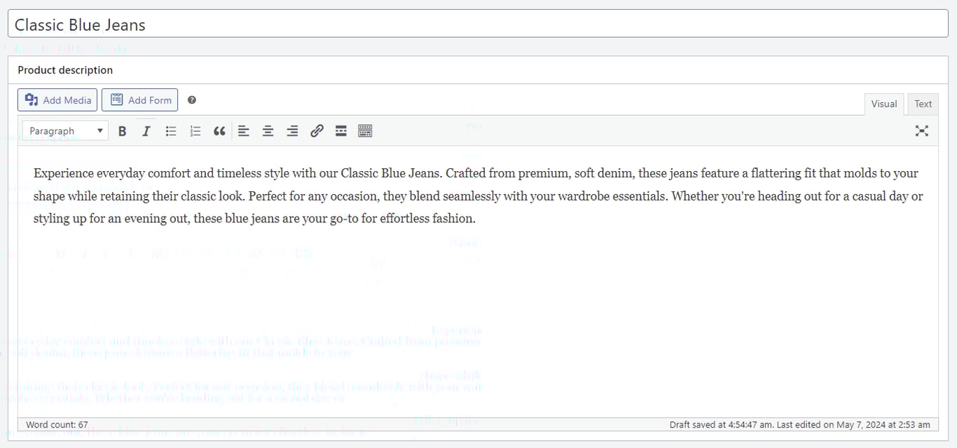 WooCommerce product page creation form, showing the fields for product name and description