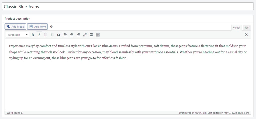 WooCommerce product page creation form, showing the fields for product name and description