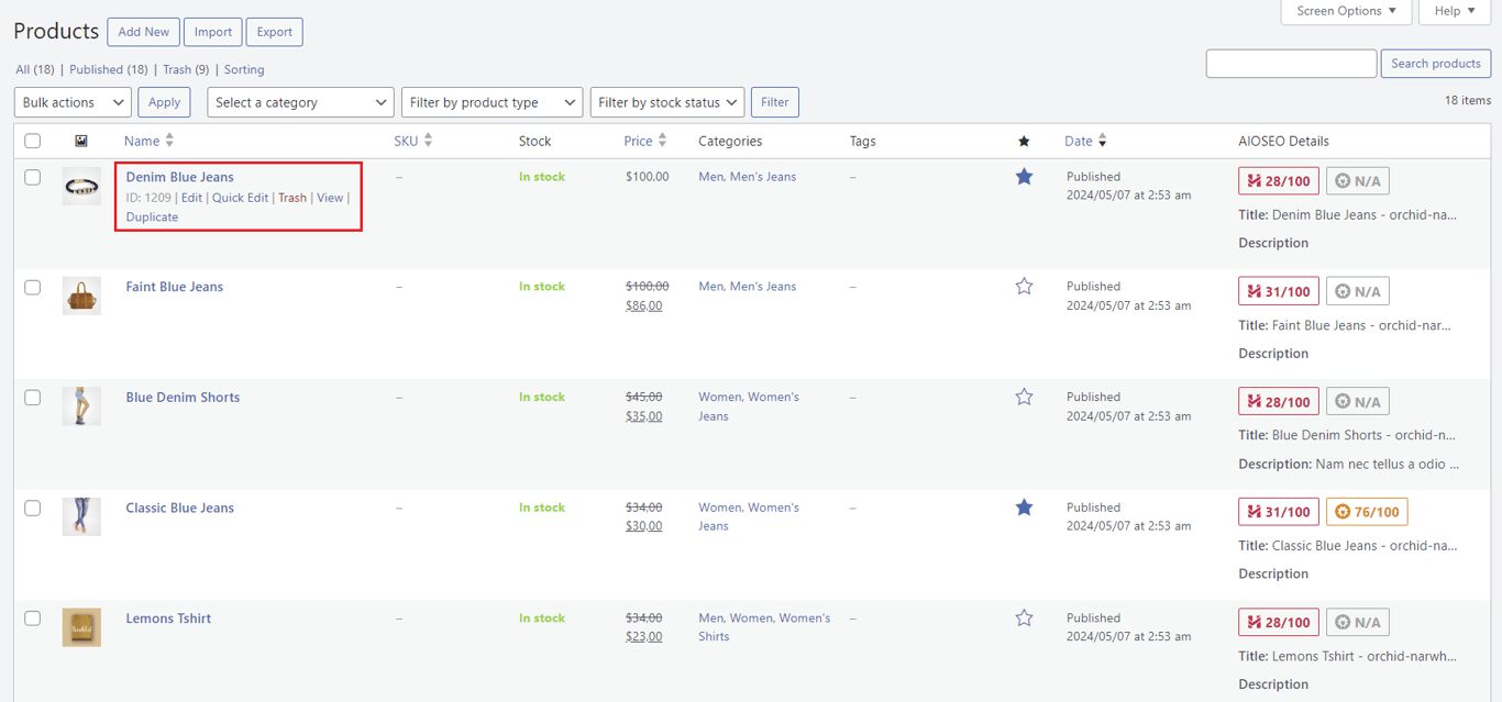 List of products in WooCommerce dashboard