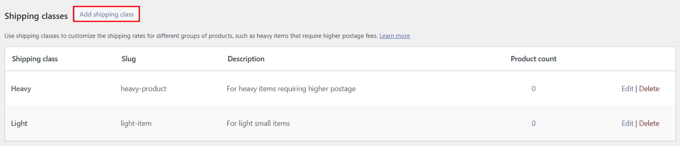 WooCommerce shipping classes, highlighting the button to create a new class
