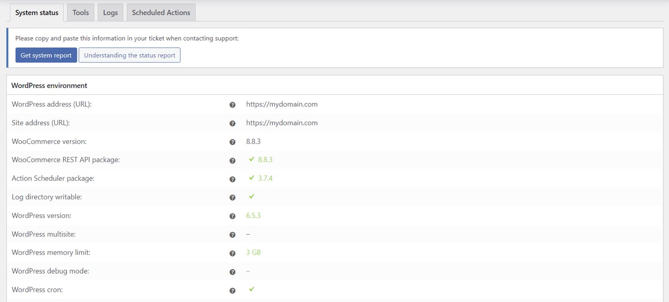 WooCommerce system status subtab