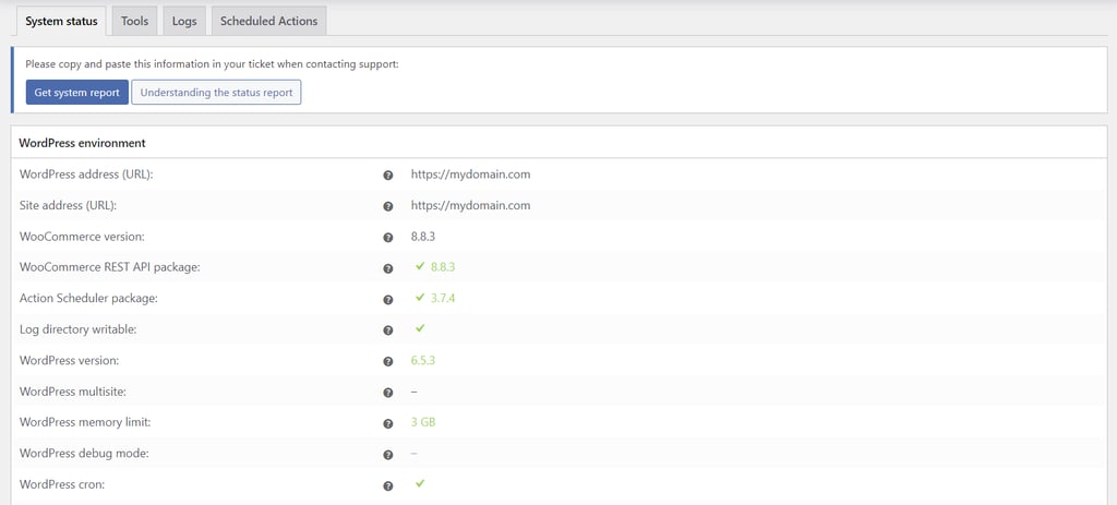 WooCommerce system status subtab