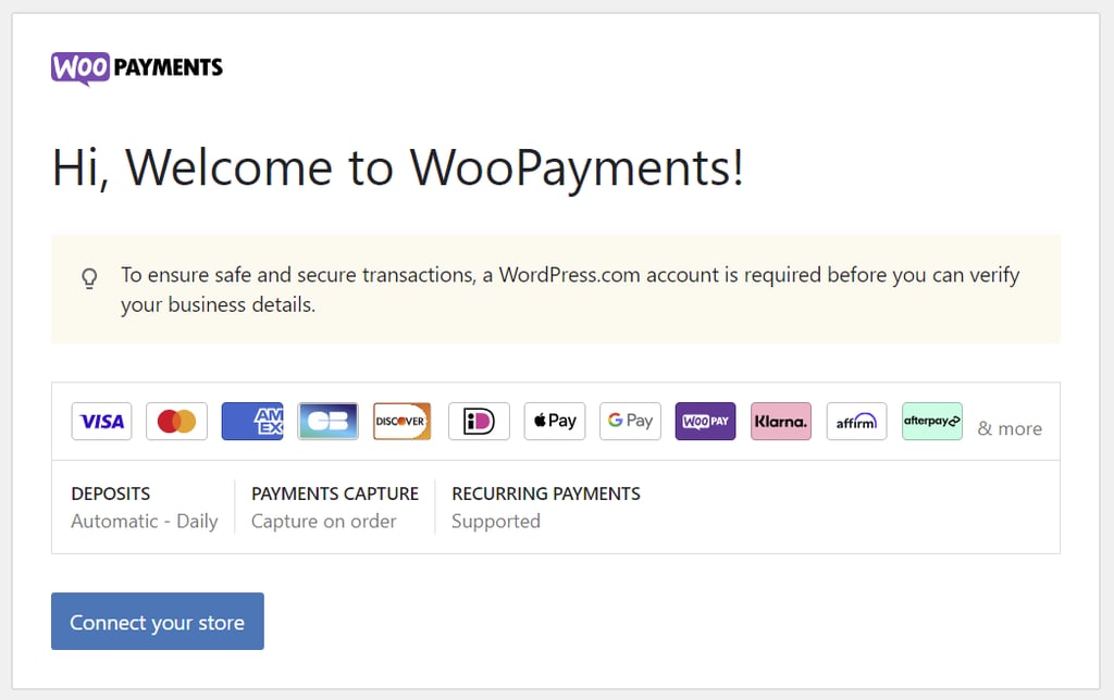 The start of WooPayments setup wizard