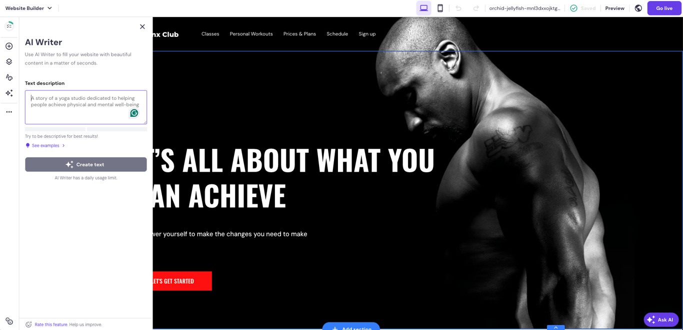 AI Writer in the website editor