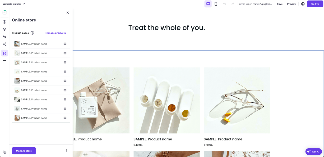 Example of a store page in Hostinger Website Builder