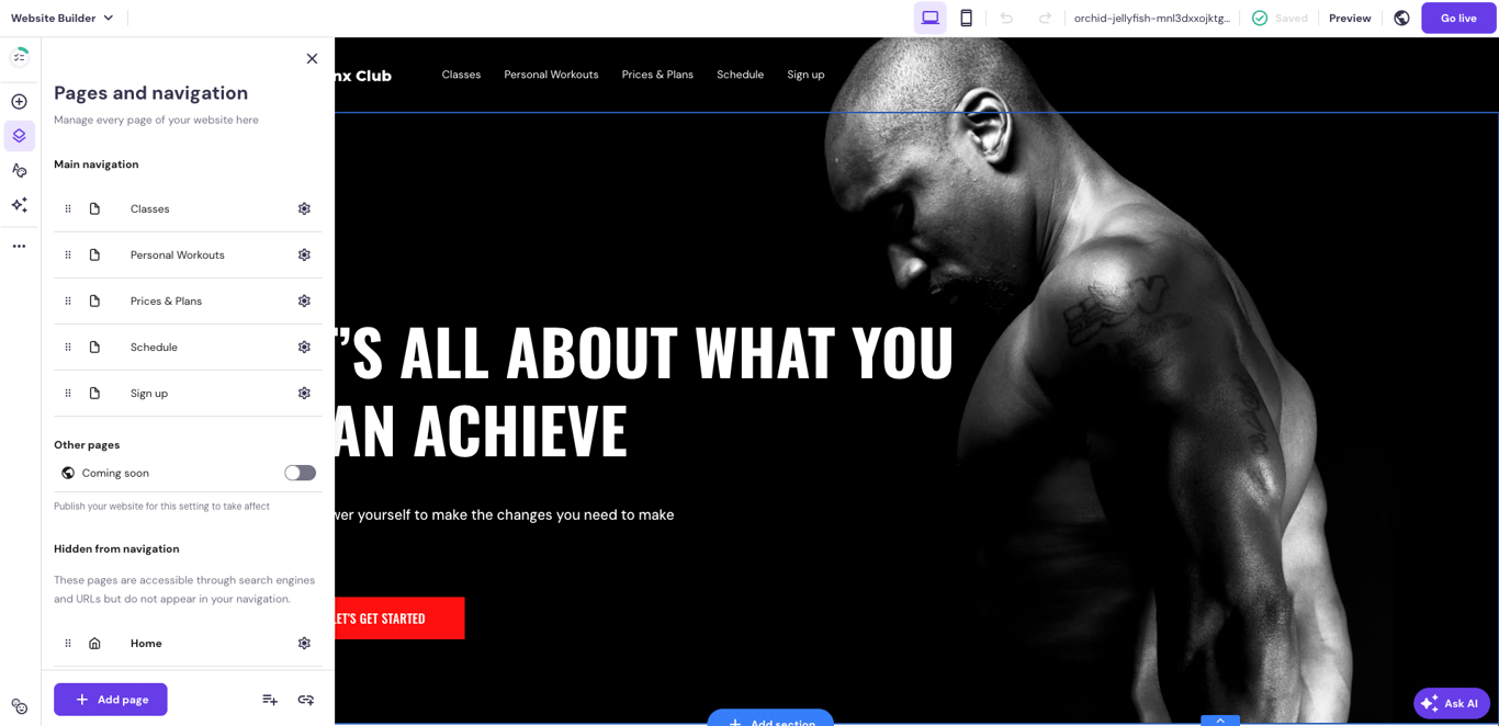Pages and navigation menu open in the editor