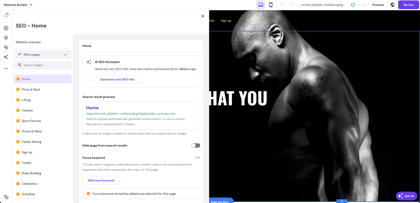 SEO dashboard expanded in Hostinger Website Builder site editor
