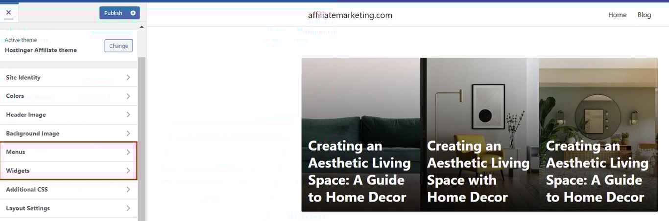 The Menus and Widgets options in the WordPress Customizer