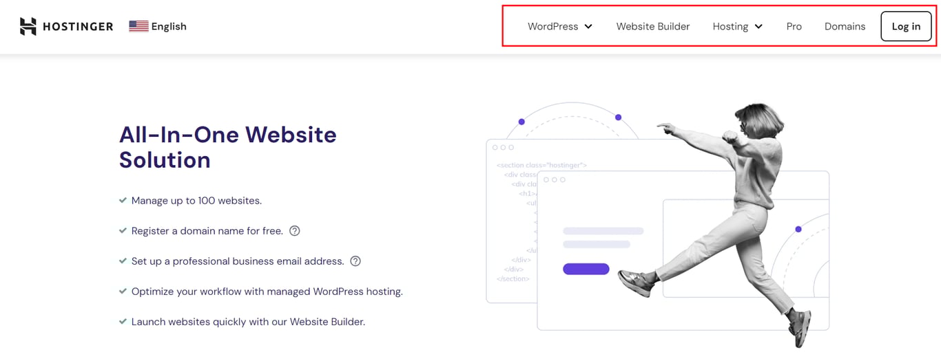 The homepage of Hostinger with the top menu bar highlighted in red