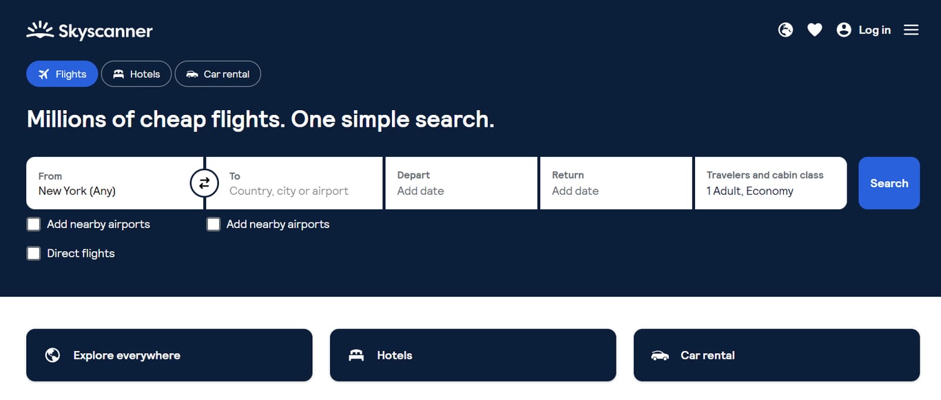 The homepage of Skyscanner