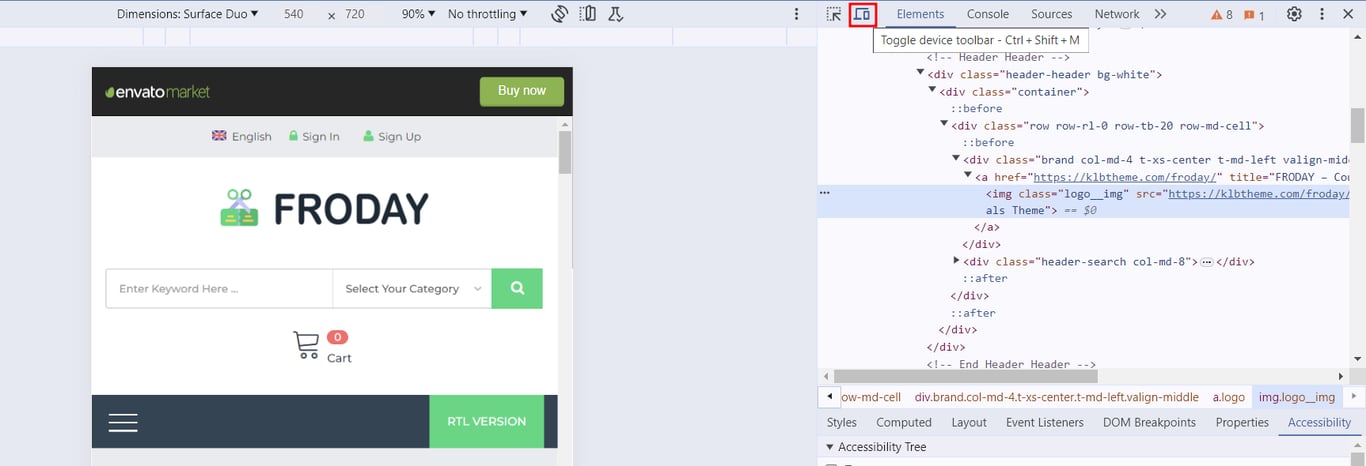 Toggle device toolbar in Google Chrome's Inspect tool