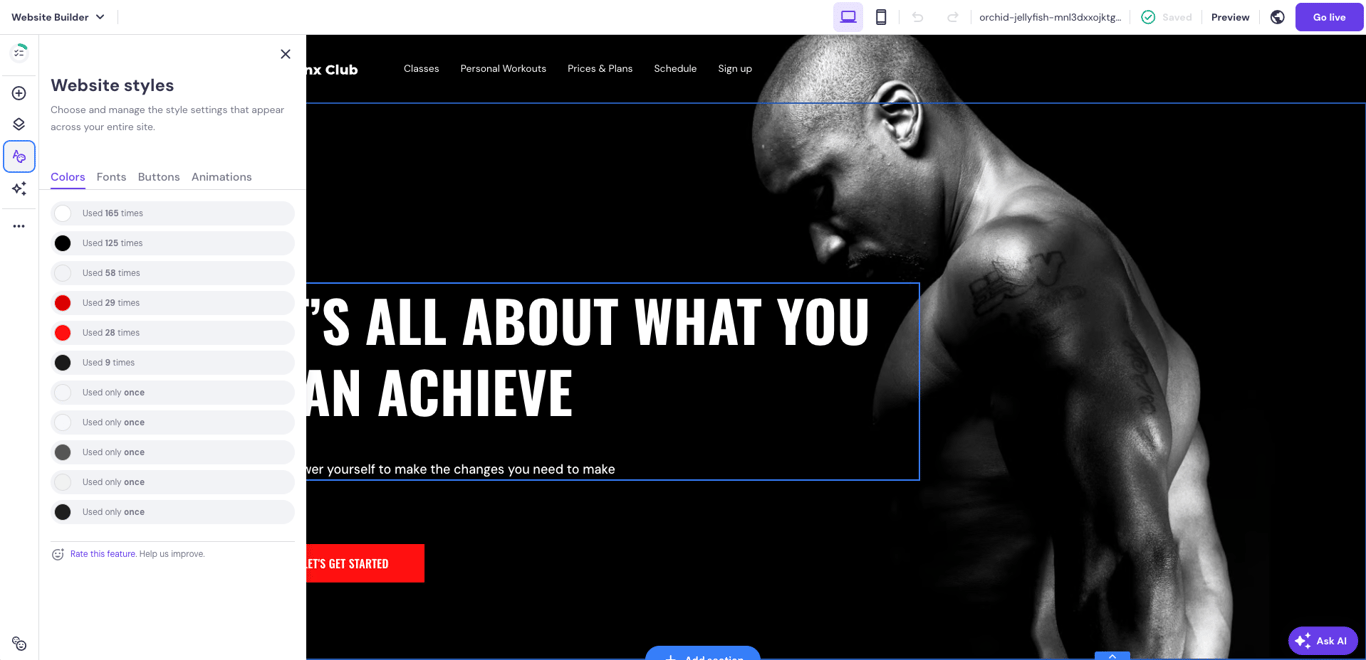 Website styles menu open in the editor