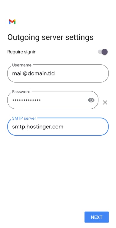 The Outgoing server settings screen on Gmail