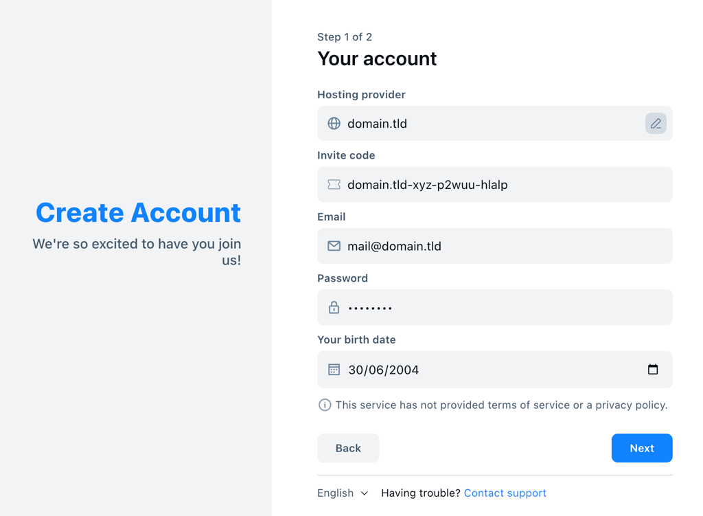 Bluesky's Create Account page