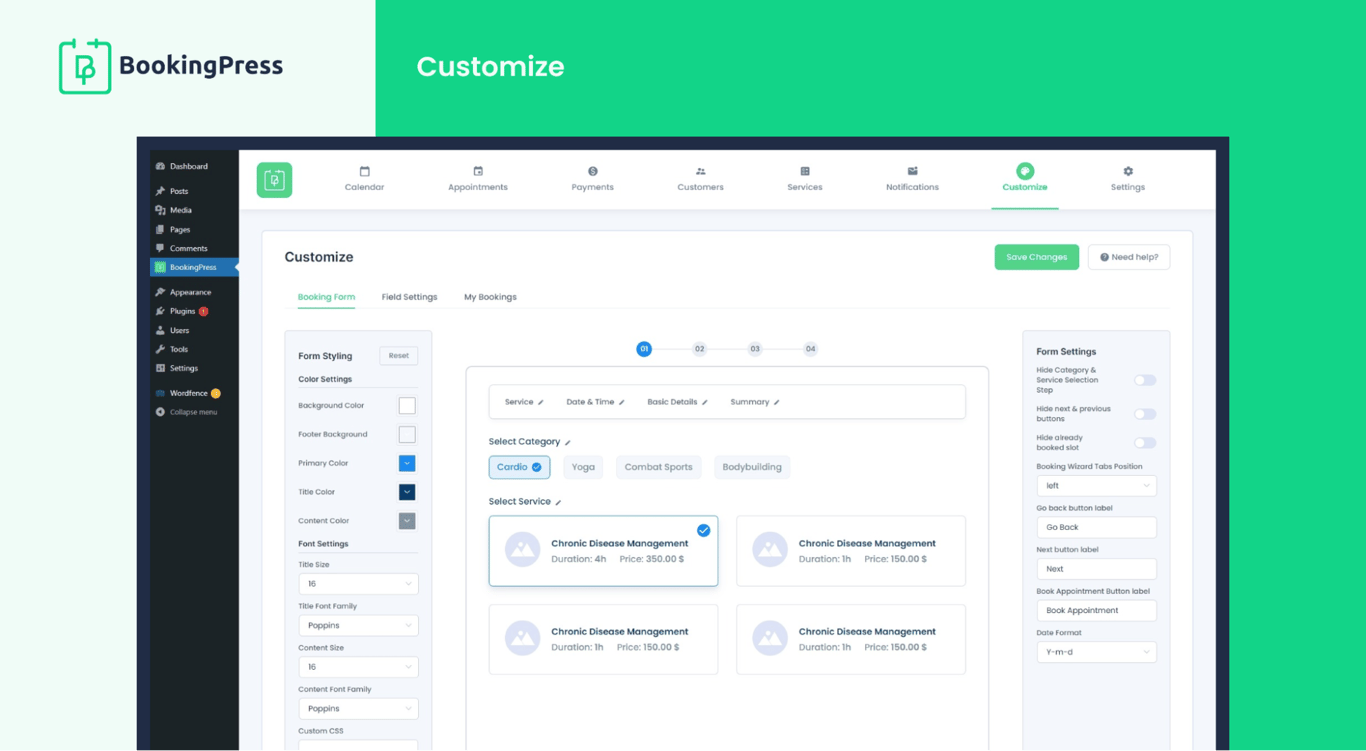 The Customize page in the BookingPress plugin