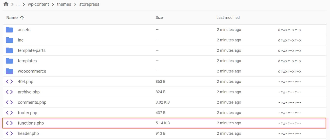 Locating functions.php file using File Manager