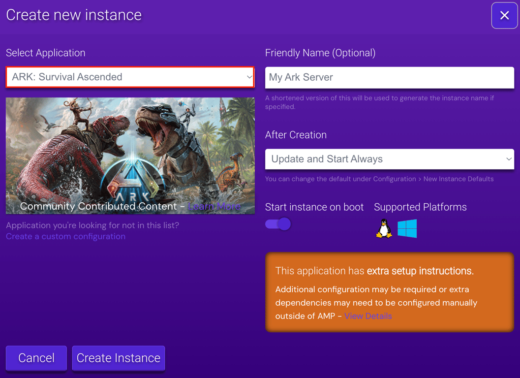 Survival Ascended instance on Game Panel