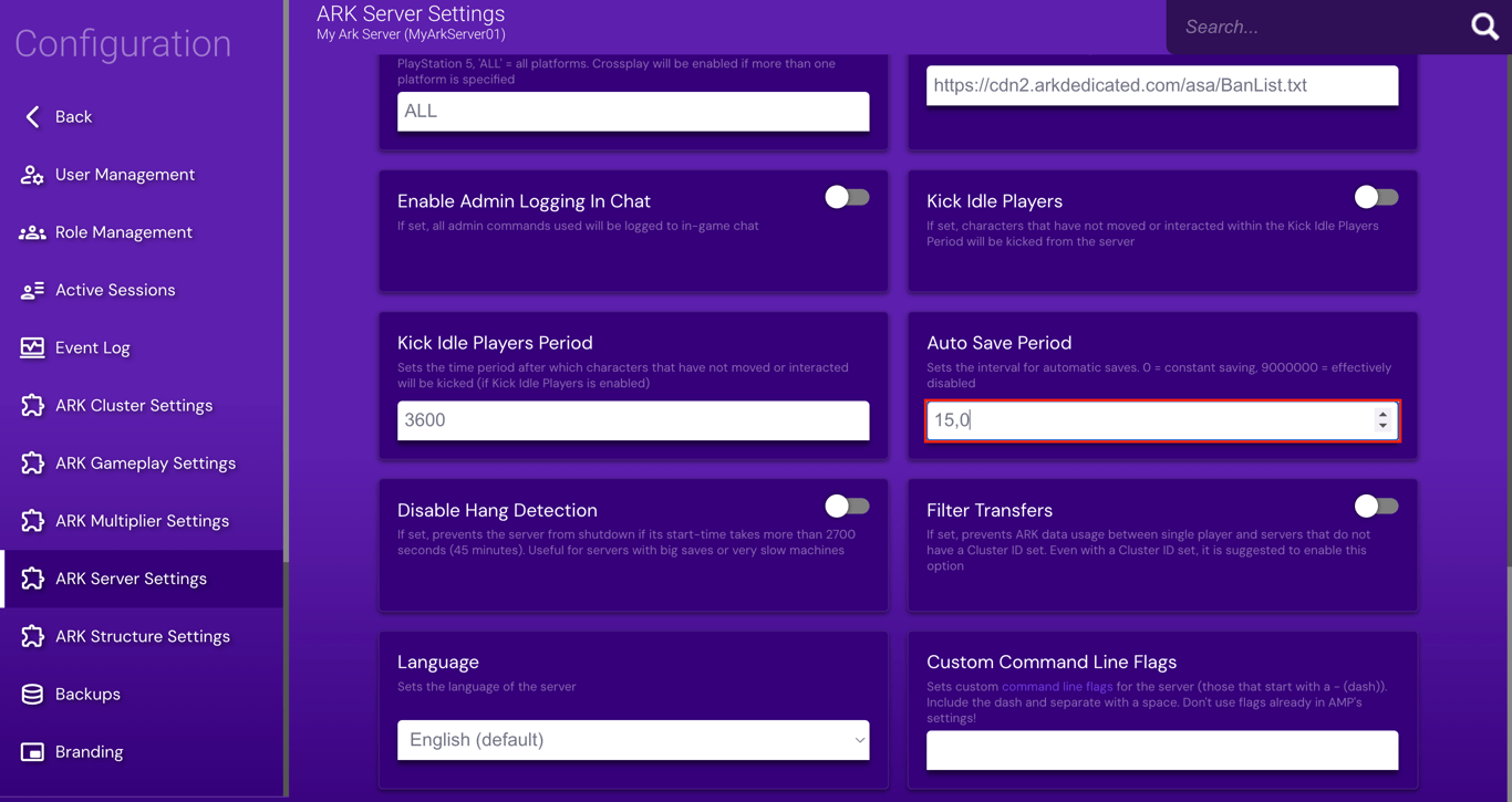 The Auto Save Period option on Game Panel's ARK Server Settings
