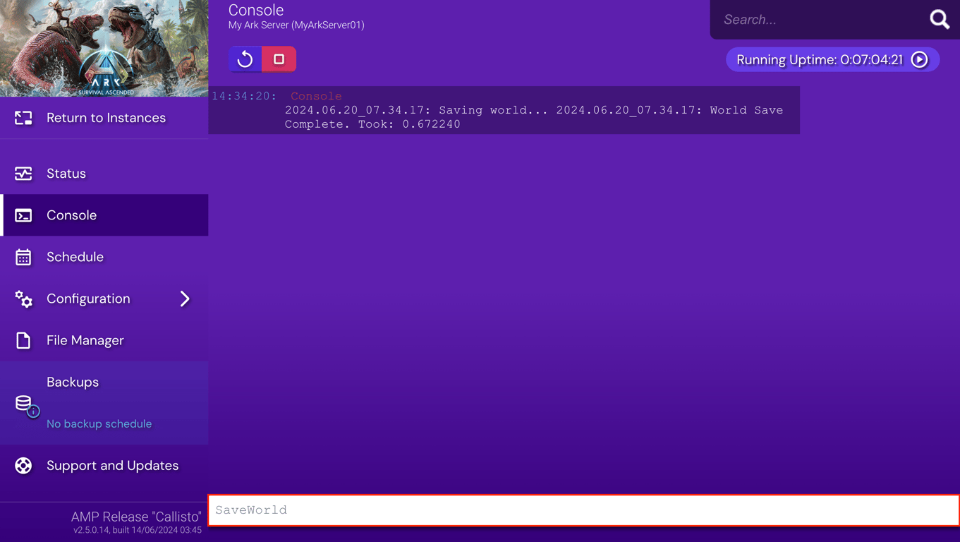 The Console menu on Game Panel