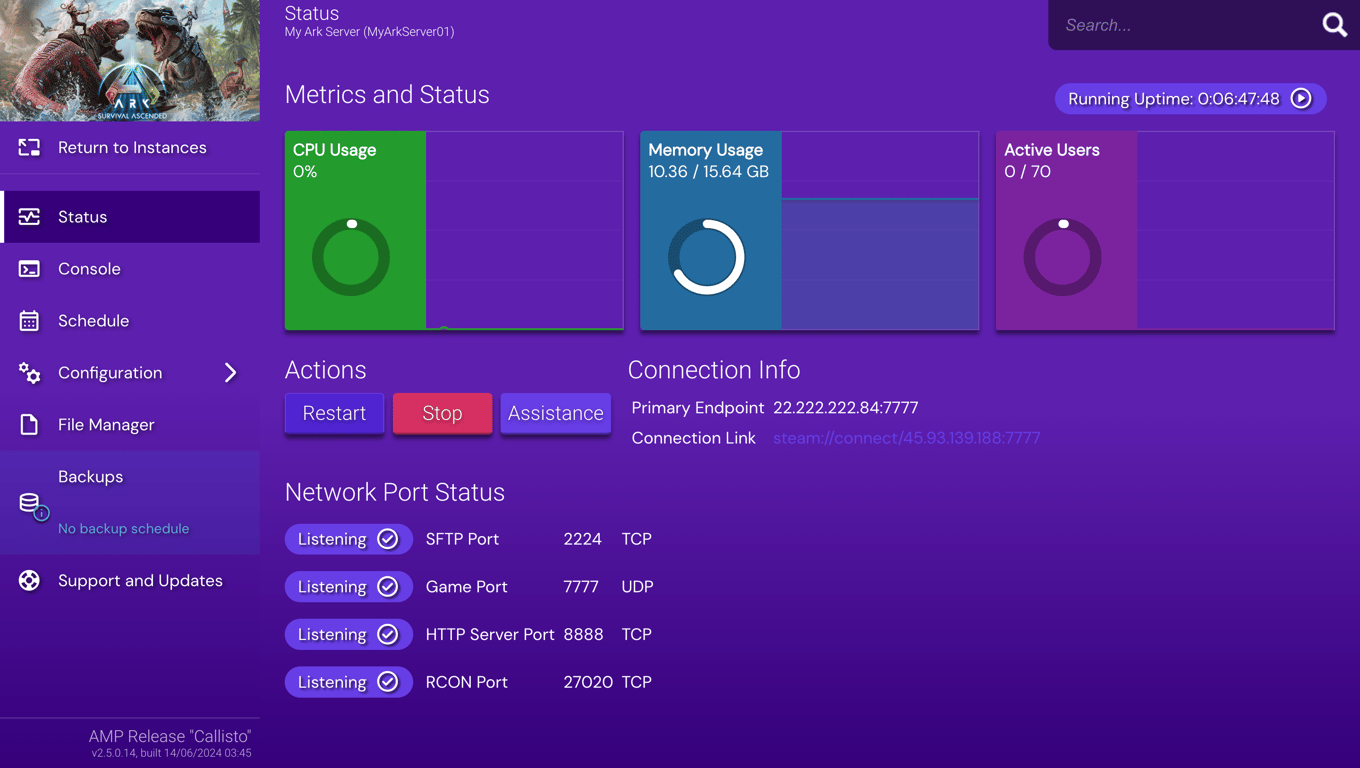 SA's server status on Game Panel