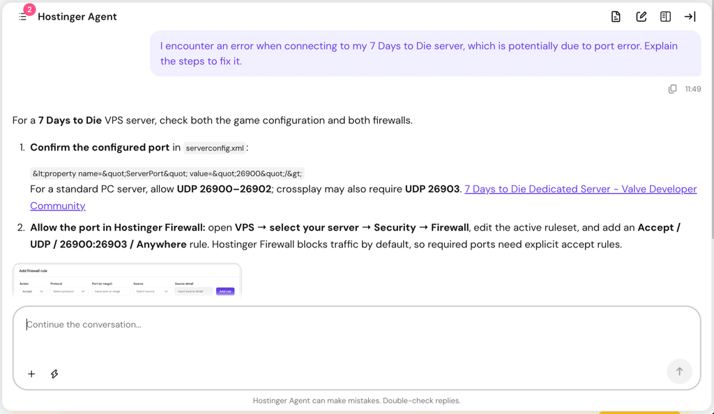 Hostinger Agent chat explaining how to fix a port error on a 7 Days to Die VPS server, with steps to confirm the server port in serverconfig.xml and add a UDP firewall rule in hPanel