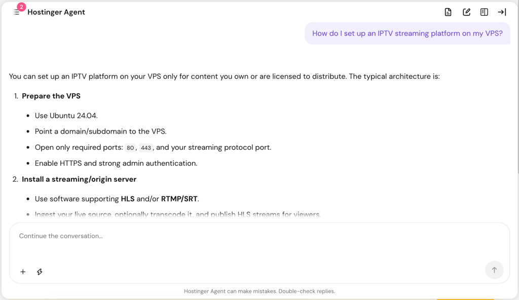 Hostinger Agent chat outlining how to set up an IPTV streaming platform on a VPS, with steps to prepare the server and install a streaming origin server supporting HLS and RTMP/SRT