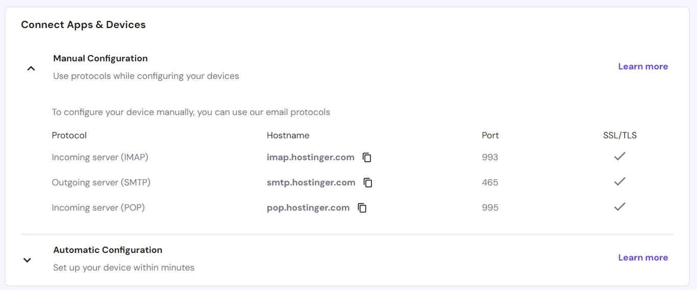 Hostinger business email IMAP SMTP POP details