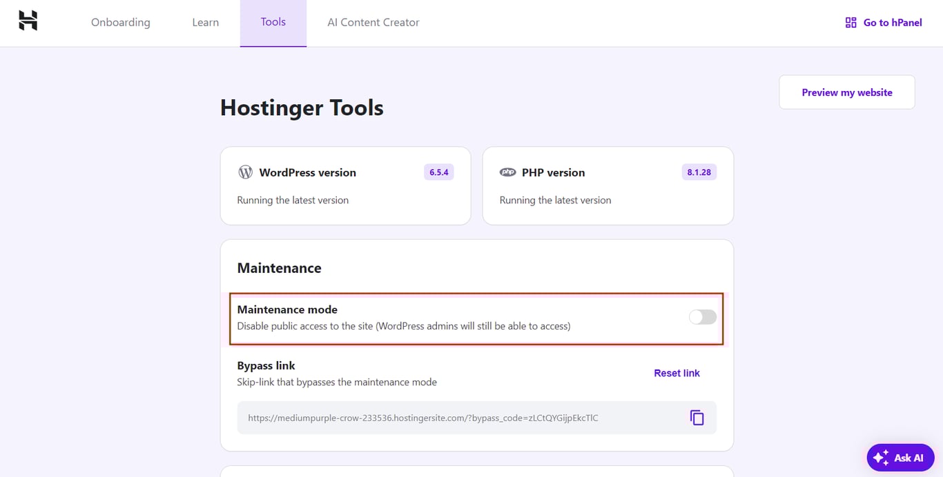Maintenance mode setting in Hostinger hPanel
