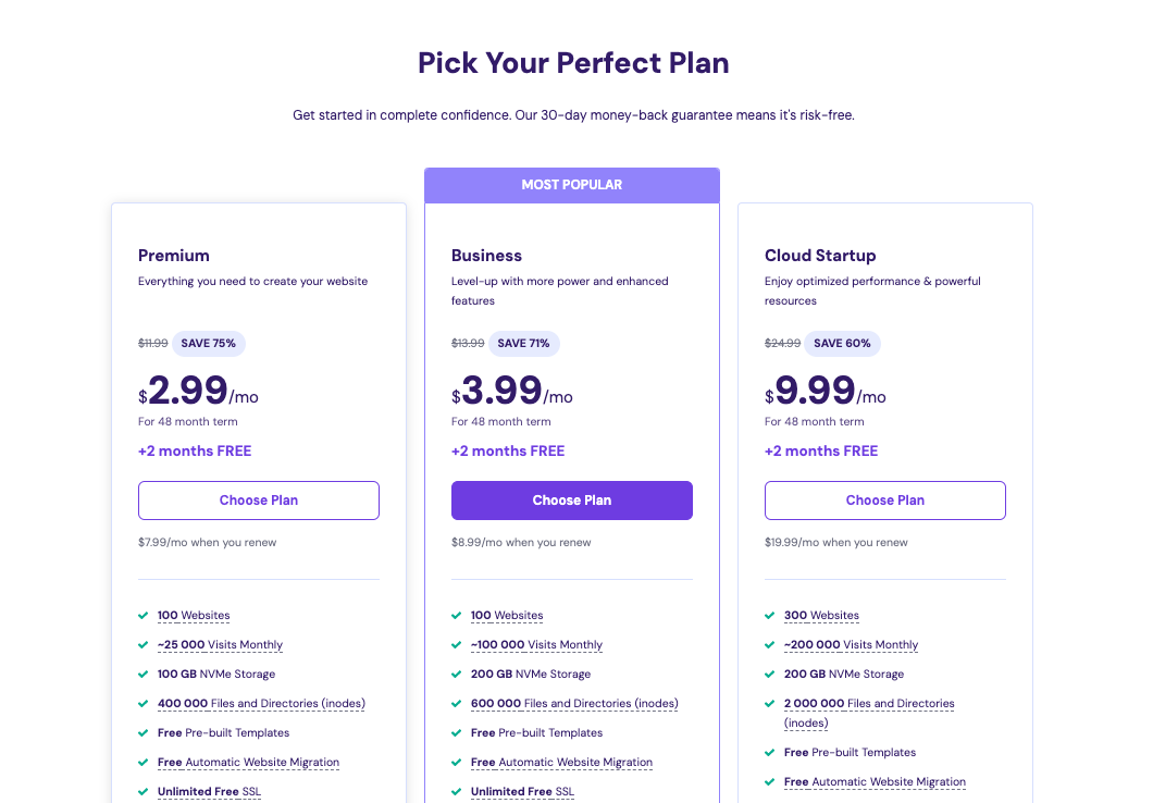 Hostinger's hosting plans with pricing starting at .99/month