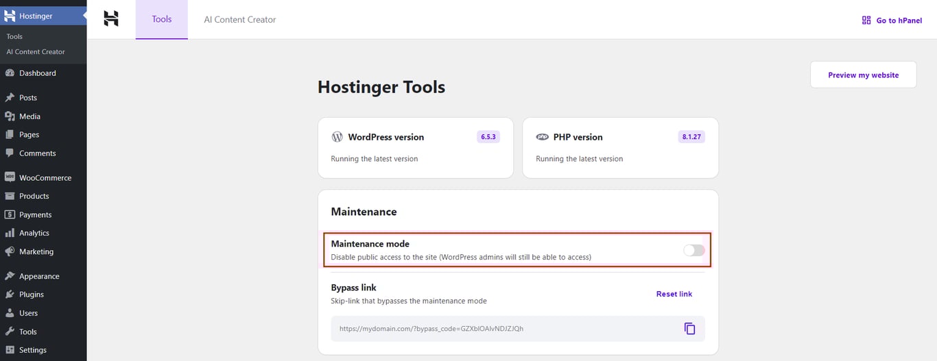 Enabling WordPress maintenance mode using the Hostinger Tools plugin