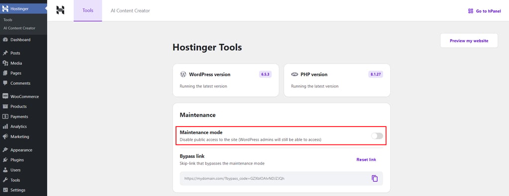 Enabling WordPress maintenance mode using the Hostinger Tools plugin