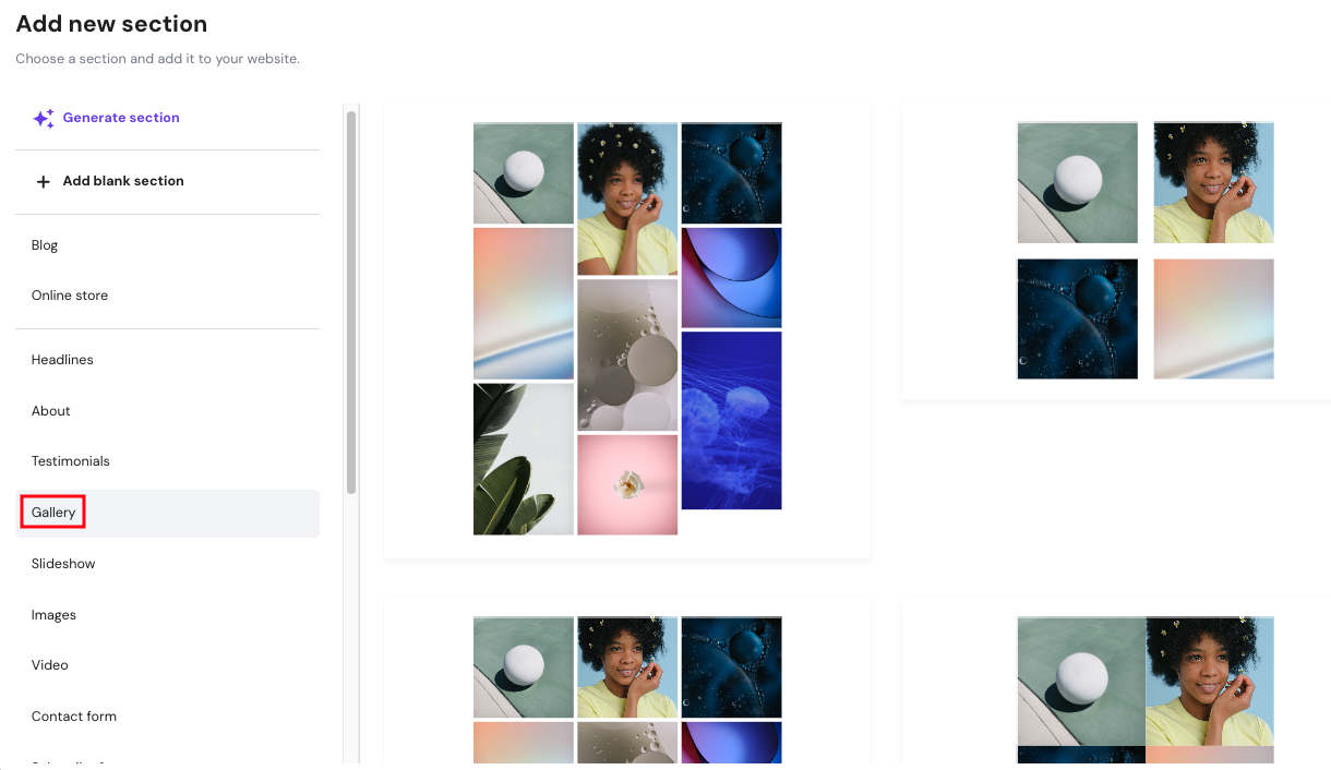 Hostinger Website Builder add new section highlighting gallery option