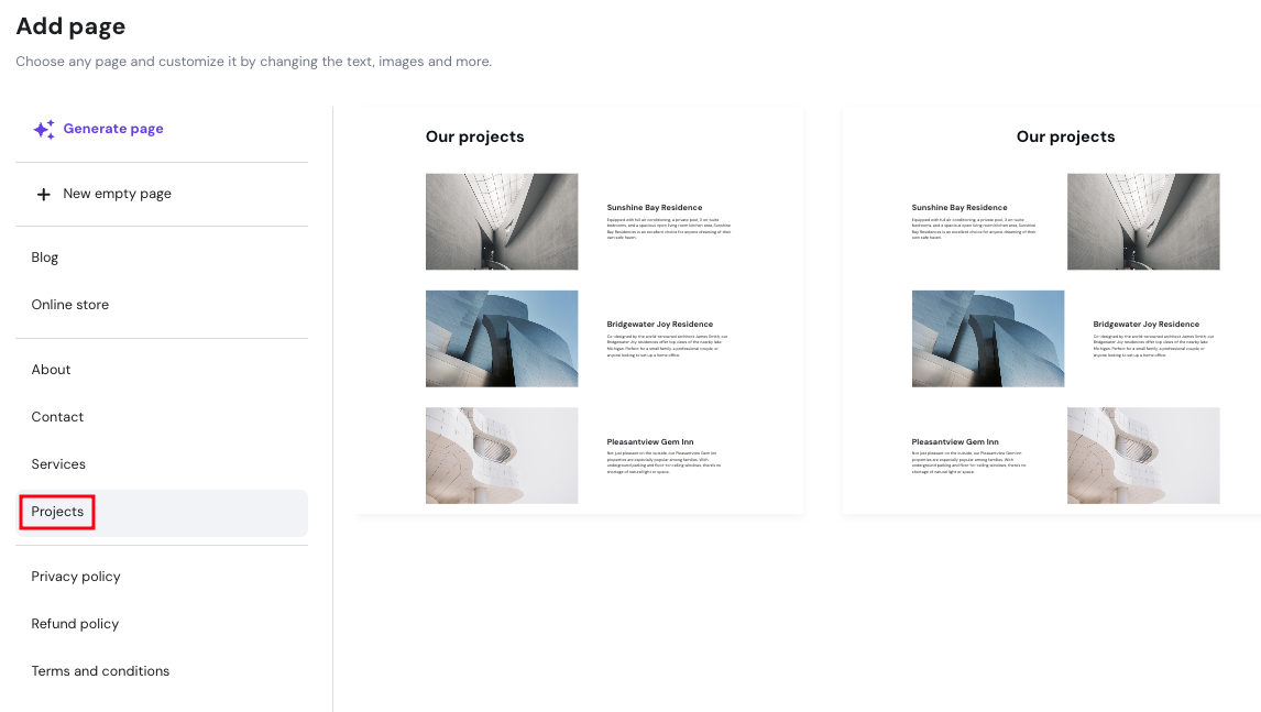 Hostinger Website Builder add page highlighting projects page