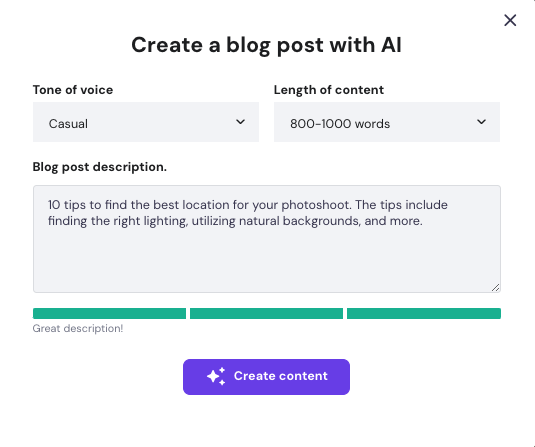 Hostinger Website Builder AI blog generator form