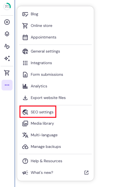 Hostinger Website Builder highlighting SEO settings page