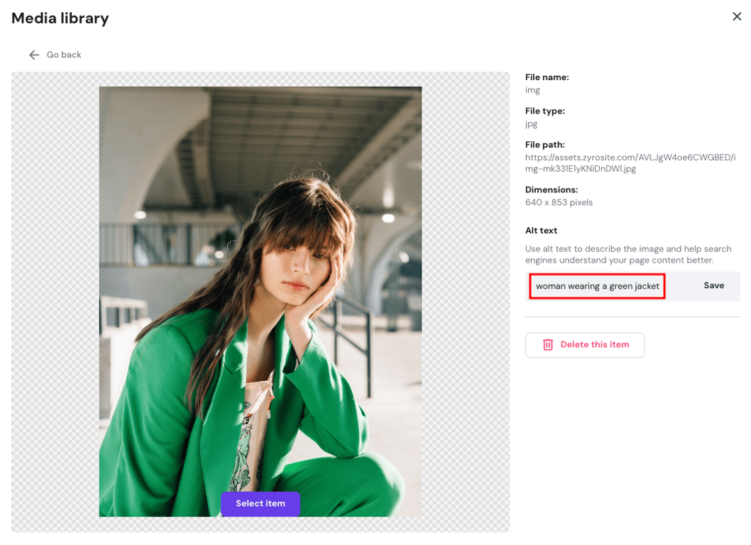 Hostinger Website Builder image details highlighting alt text field