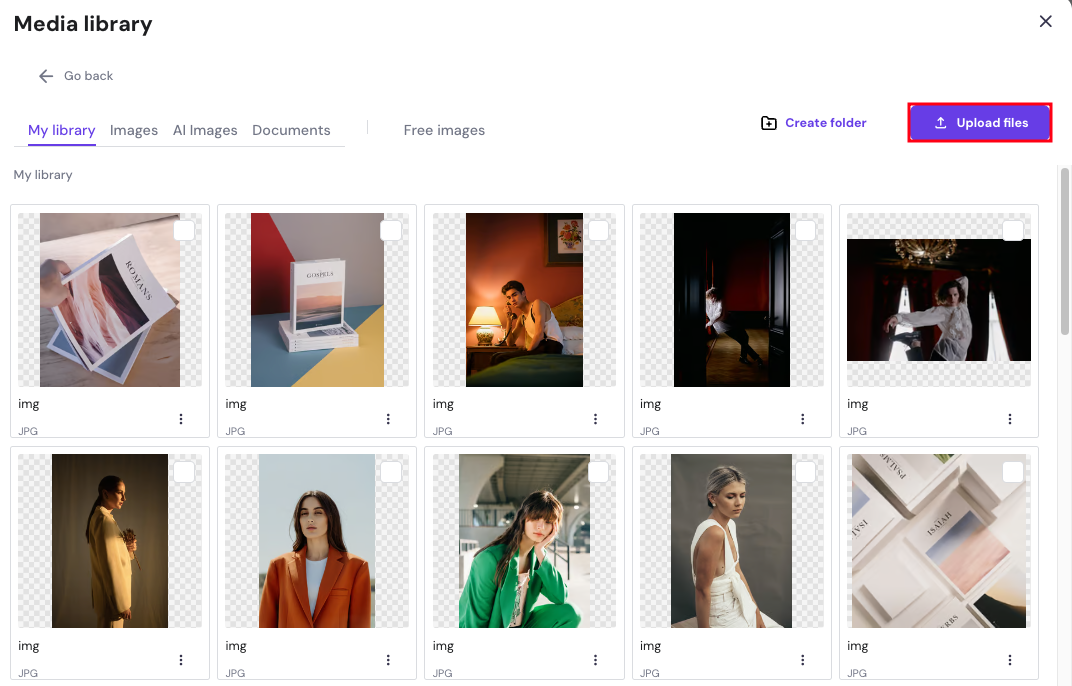 Hostinger Website Builder media library page highlighting upload files button