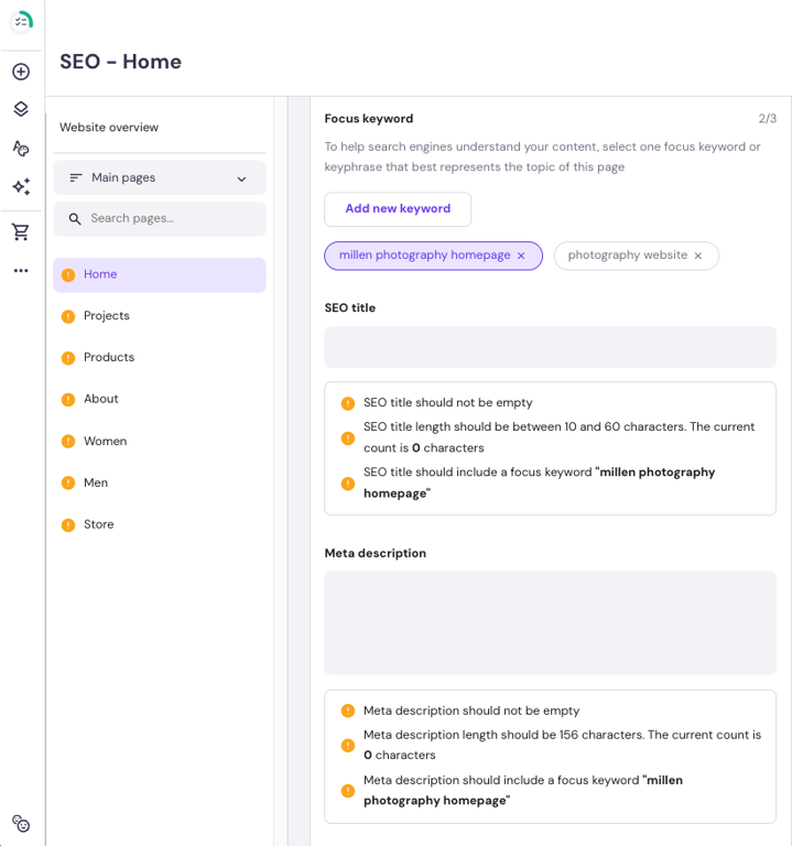 Hostinger Website Builder SEO settings page