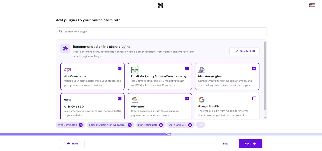 Installing plugins during WordPress website setup on Hostinger
