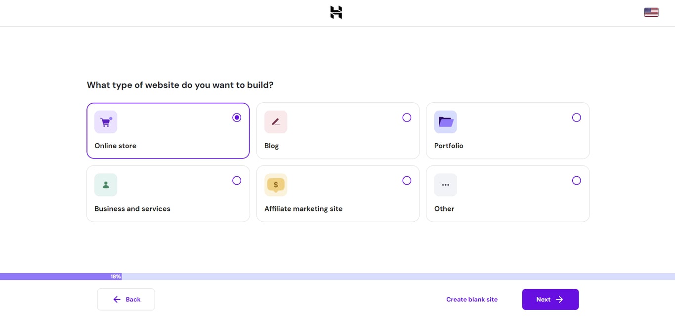 Hostinger's onboarding flow for creating a WordPress website