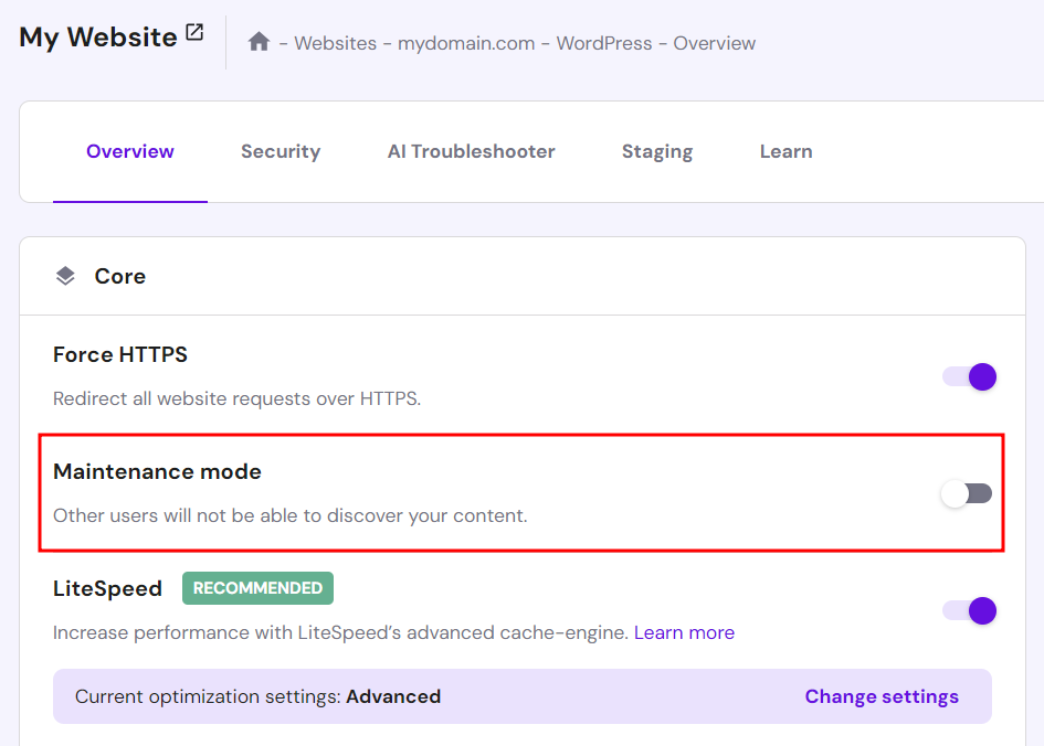 WordPress maintenance mode setting in Hostinger's hPanel