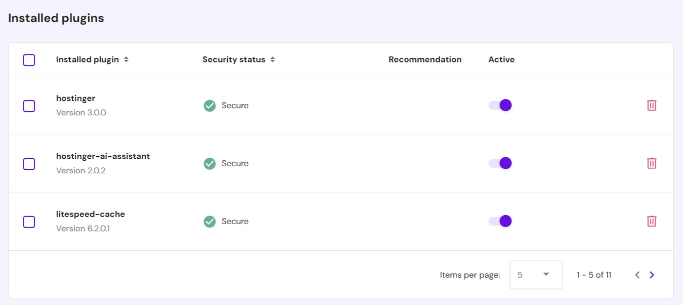 WordPress plugin management in hPanel