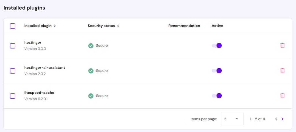 WordPress plugin management in hPanel
