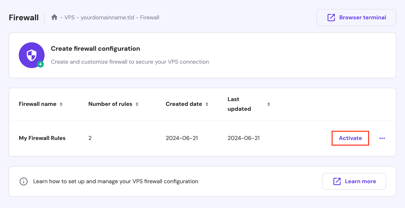 The Activate button on hPanel's Firewall page
