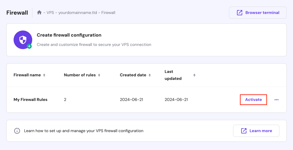 The Activate button on hPanel's Firewall page