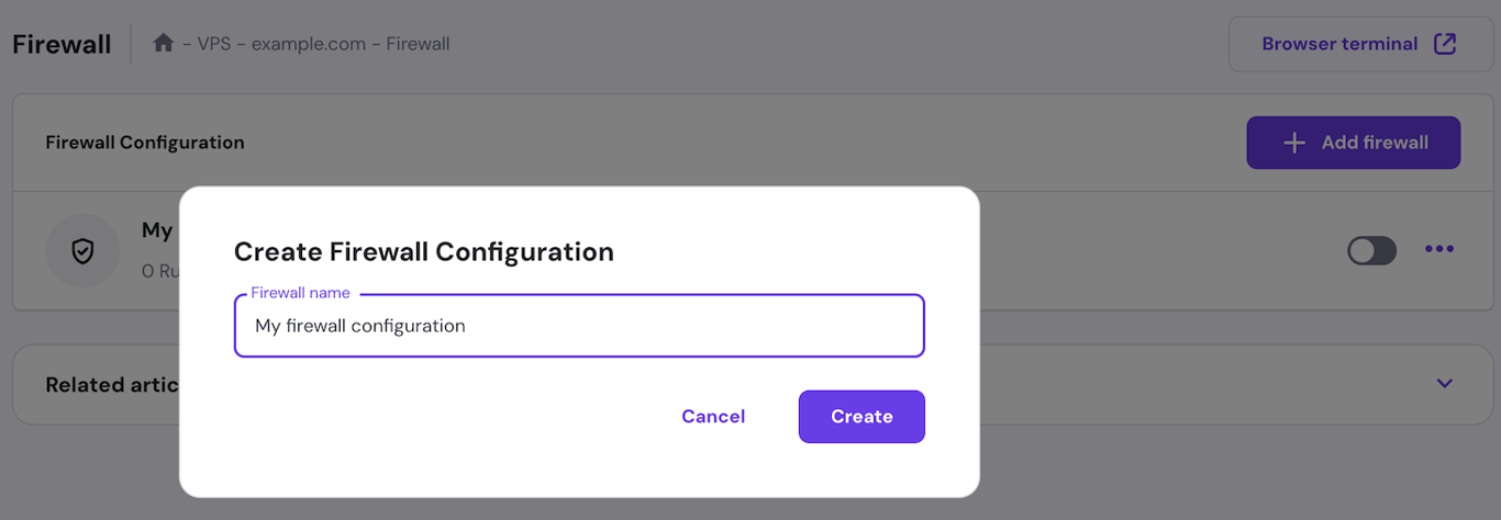 A new firewall configuration creation window in hPanel