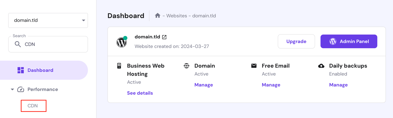 The CDN menu on hPanel's dashboard