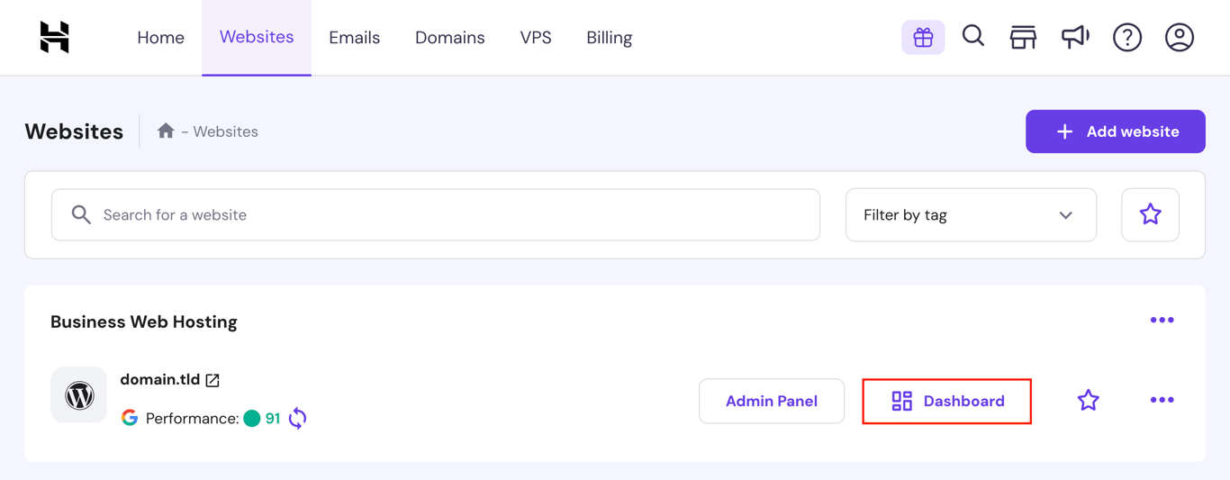 The Dashboard button on hPanel