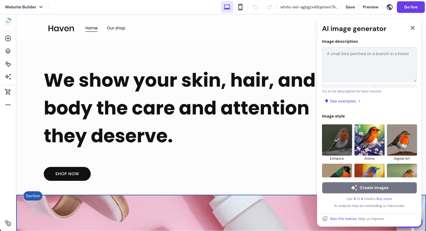 Hostinger Website Builder Websites styles color menu opened